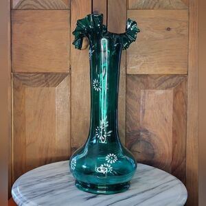Elegant Green Glass Vase with Floral Design